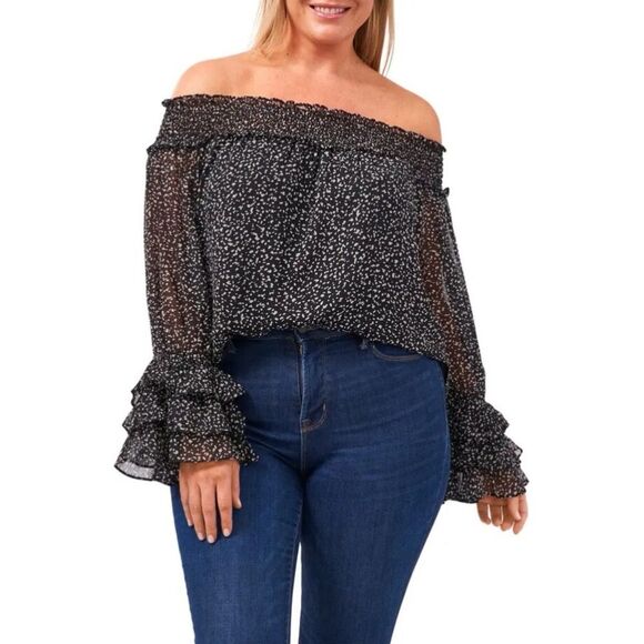 CECE NWT Black/White Dot Print Long Ruffle Sleeve Off Shoulder Chiffon Blouse L - Picture 1 of 13